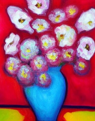 The painting of several pink flowers in a vase