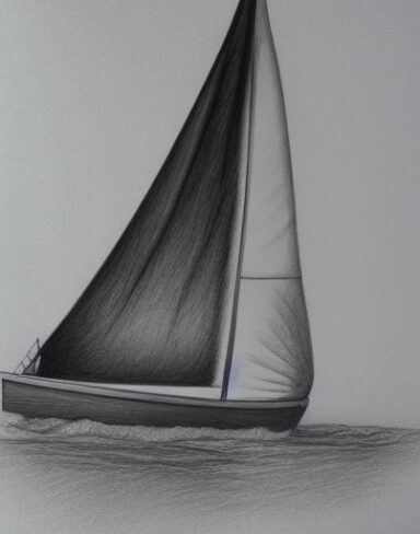 The pencil drawing of a sailboat in the water
