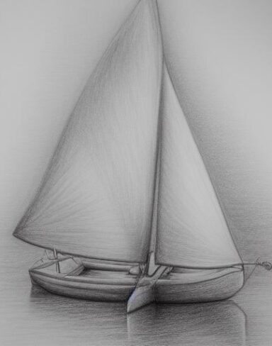 The pencil drawing of a sailboat in the water