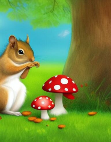 The squirrels near a mushroom