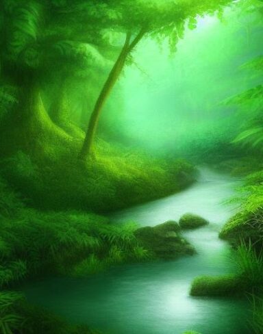 The stream running through a lush green forest