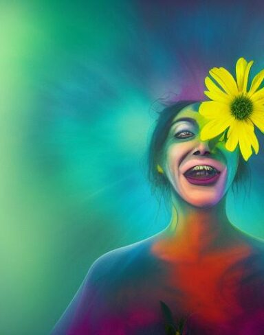 The woman in the psychedelic artwork is seen holding a laughing flower in ultra wide-angle view