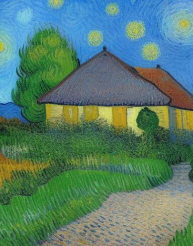 Van gogh painting of small house in a garden