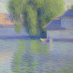 A painting of a building next to a body of water