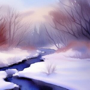 A tranquil watercolor painting of snow-covered trees and a stream