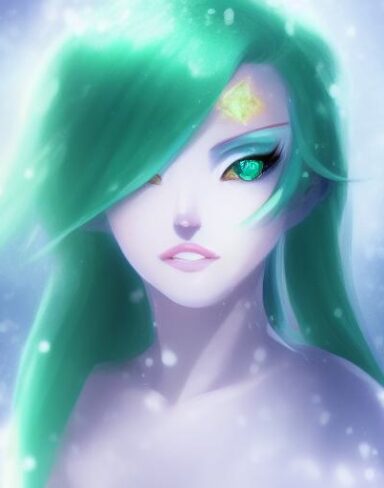 A beautiful and clean face woman with green hair that is standing in the snow
