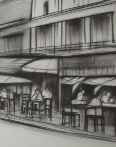 A black and white Charcoal drawing of a city street with a restaurant and bar and people eating outside