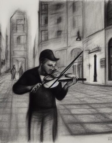 A black and white Charcoal drawing of a man playing violin in the city street at night