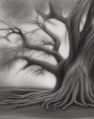 A black and white charcoal drawing of a tree