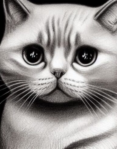 A black and white drawing of a British shorthair cat breed