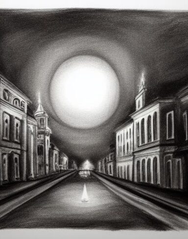 A black and white drawing of a city and church at night with full moon with many people on street