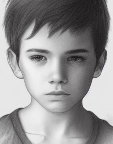 A black and white drawing of a cute boy