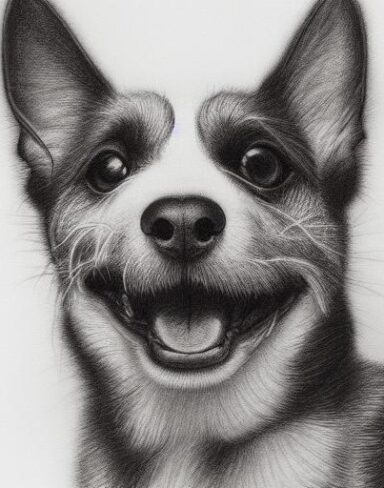 A black and white drawing of a dog