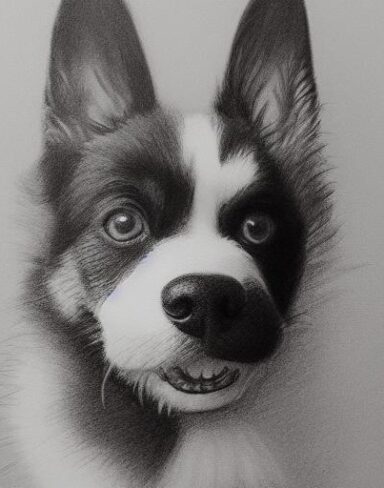 A black and white drawing of a dog running around