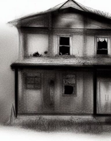 A black and white drawing of a house