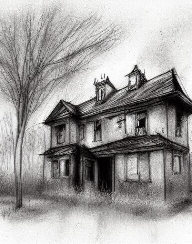 A black and white drawing of a house