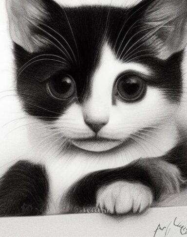 A black and white drawing of a kitten