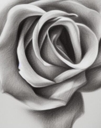 A black and white drawing of a rose