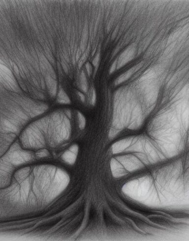 A black and white drawing of a tree