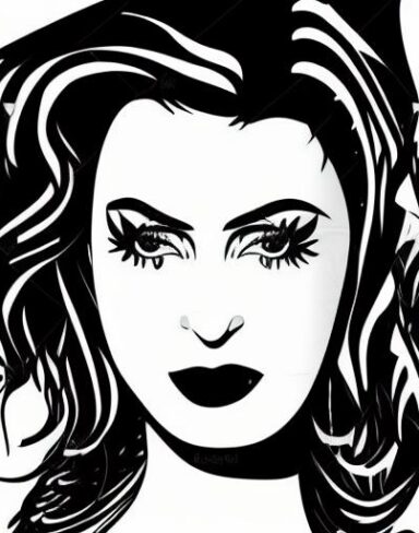 A black and white drawing of a woman’s face