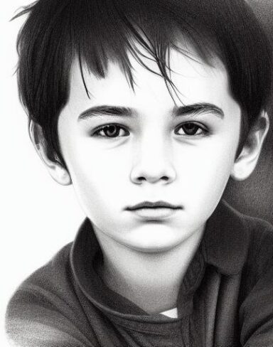 A black and white drawing of a young age boy
