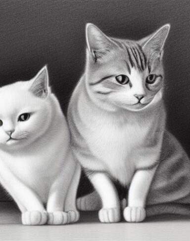 A black and white drawing of three cats
