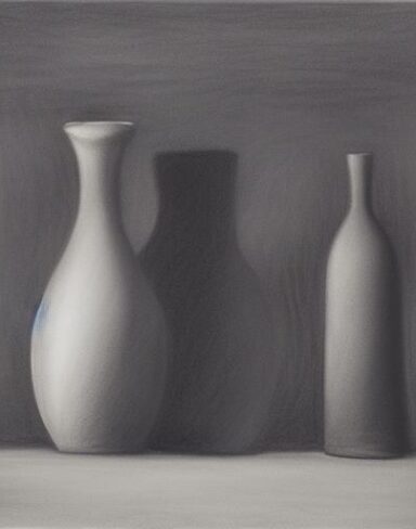 A black and white drawing of two vases and a bottle