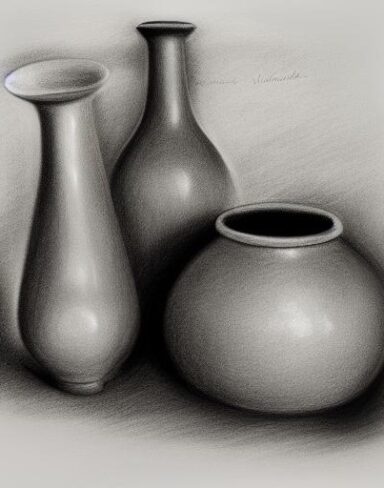 A black and white drawing of vases and a bottle