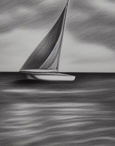A black and white pencil drawing of a sailboat in the water