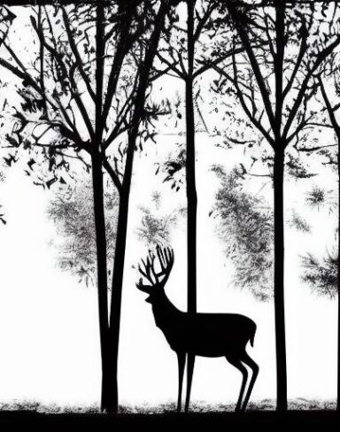 A black and white silhouette of a deer standing in the forest