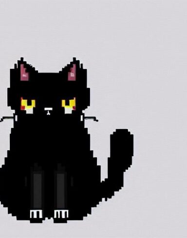 A black cat sitting on top of a white surface