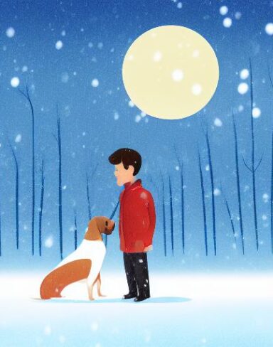 A boy standing next to a dog in the snow