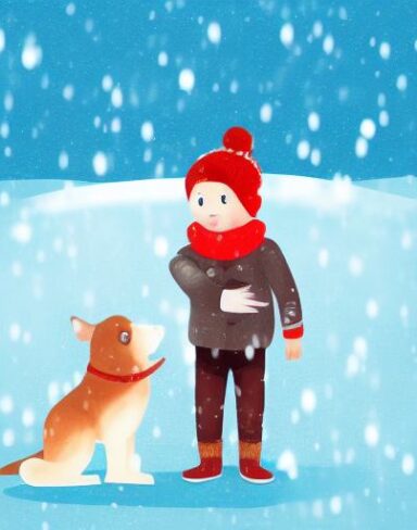 A boy standing next to a dog in the snow during winter season