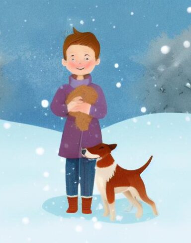 A boy standing with a dog in the snow