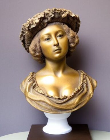 A bronze bust of a female wearing on a hat