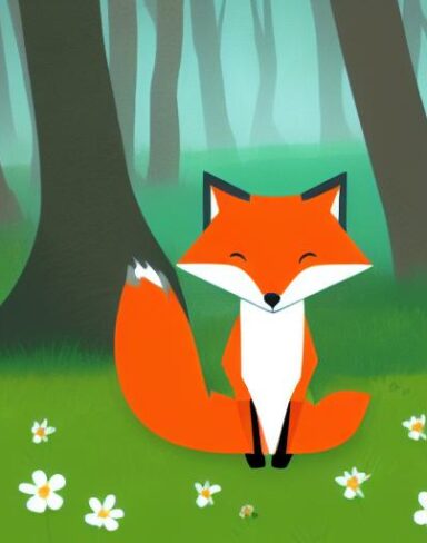 A cartoon fox sitting in the forest