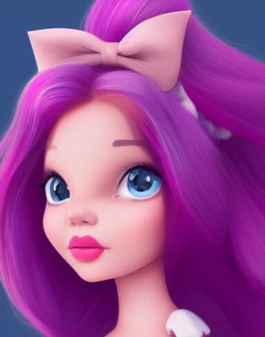 A cartoon girl with purple hair and a red bow in her hair