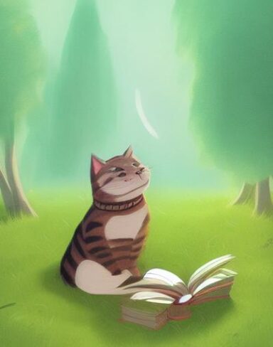 A cat reading book in the woods