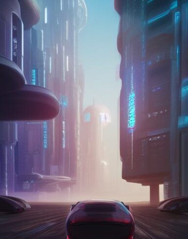 A city filled with lots of futuristic buildings and cars