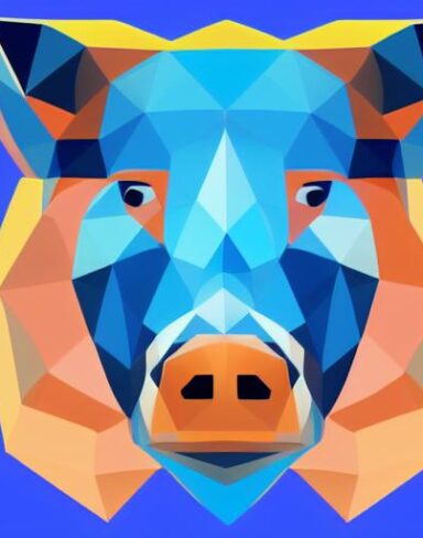 A close up of a boar face on a blue background