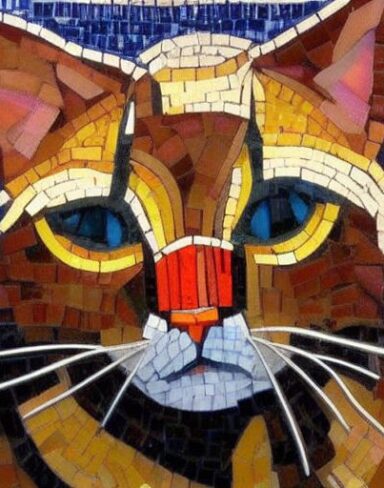 A close up of a mosaic of a cat