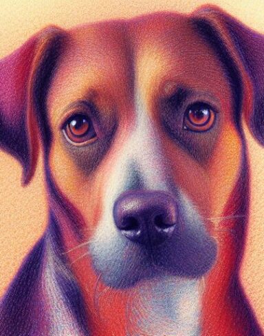 A close up of a painting of a dog
