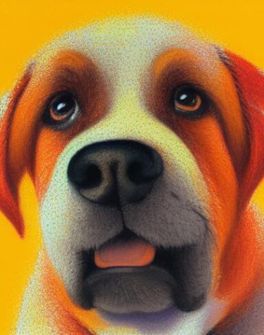A close up of a painting of a happy dog with orange background