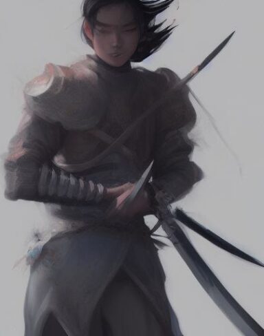 A close up of a person with a sword
