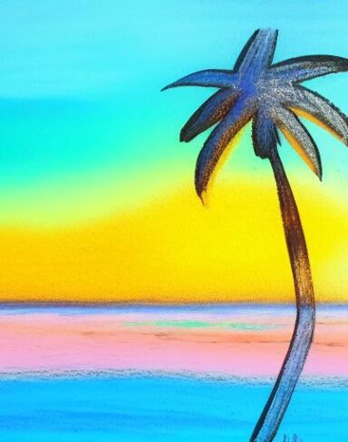A color painting of one palm tree on a beach