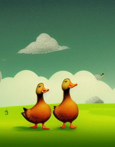 A couple of ducks standing on a green field