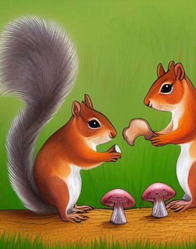 A couple of squirrels near mushrooms