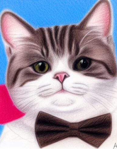 A crayon drawing of a close up cat wearing a tiny bow tie