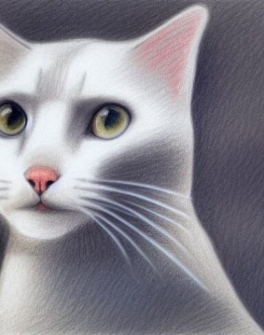 A crayon drawing of a close up cat with grey background