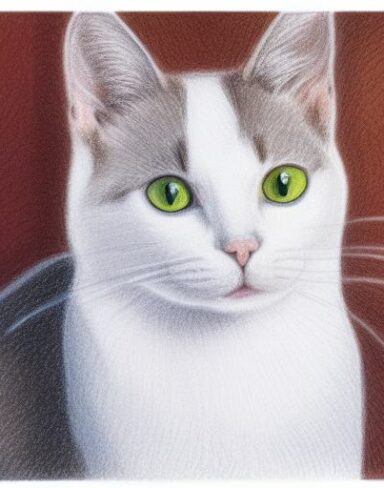 A crayon drawing of a close up cat with white background